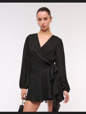 Abercrombie & Fitch Black Long-Sleeve Wrap Mini Dress